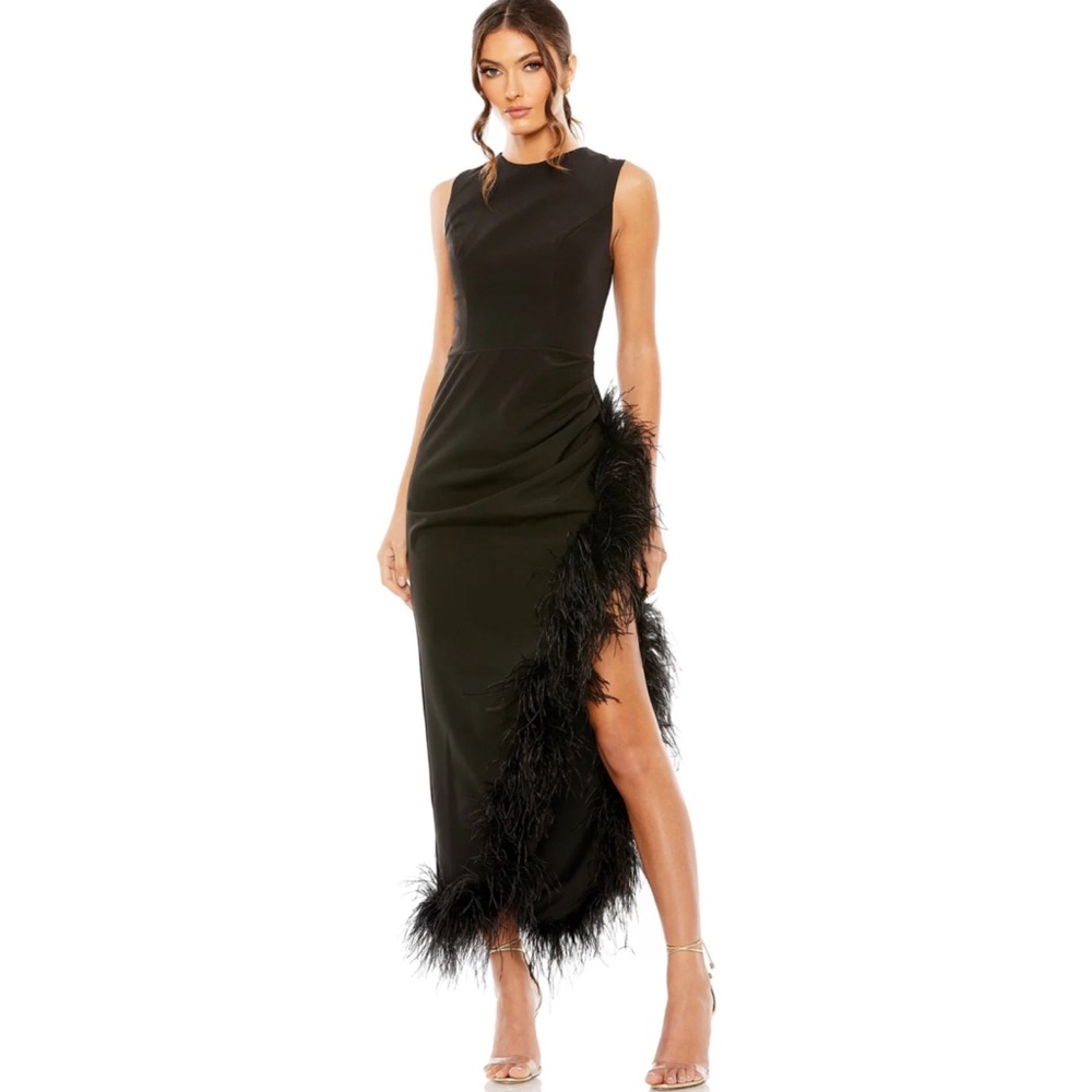 Mac Duggal Leena sleeveless feather trim dress with open slit